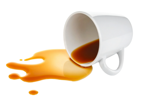 Spilled coffee cup white background, brown liquid and bean, mess and accident, isolated, caffeine concept, clean-up required.