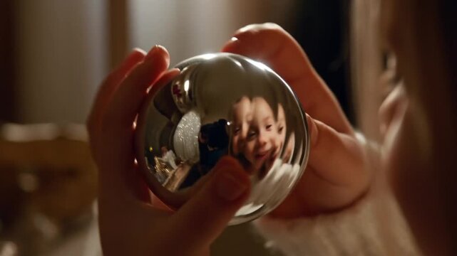 A girl picks up a christmas ball and smiles at her reflection in it, conveying holiday magic and dental health confidence concepts