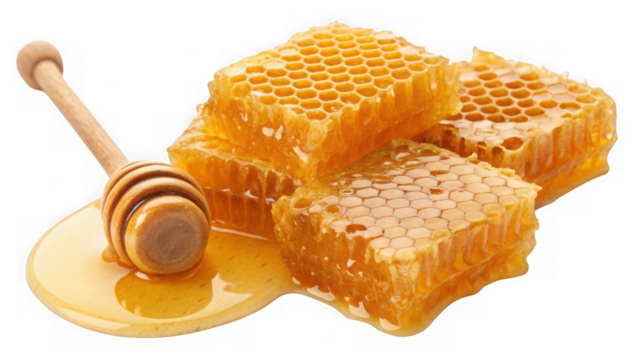 Honeycomb pieces with honey dipper isolated on transparent background