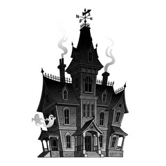 Fototapeta premium Whimsical Spooky Mansion Illustration With Ghosts and Smoke on White Background