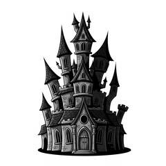 Obraz premium Monochrome Pixel Art of a Gothic Castle with Turrets and Spires on White