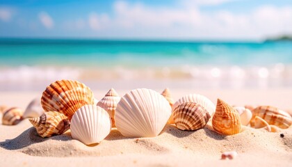 白い砂浜の上に並べられている様々な形や色の貝殻のクローズアップ。背景にはエメラルドグリーンの透き通った海が広がり、ソフトフォーカスで美しくぼかされており、清涼感あふれるトロピカルな雰囲気。夏、旅行、自然、収集、静けさ