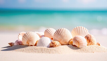 白い砂浜の上に並べられている様々な形や色の貝殻のクローズアップ。背景にはエメラルドグリーンの透き通った海が広がり、ソフトフォーカスで美しくぼかされており、清涼感あふれるトロピカルな雰囲気。夏、旅行、自然、収集、静けさ