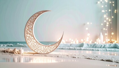 ビーチをテーマの下インテリアの室内に置かれた三日月オブジェ、幻想的