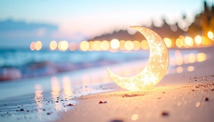 夕焼け・朝焼けのビーチに幻想的に光っている三日月の形のライトが置かれている。丸ボケ