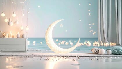 ビーチをテーマの下インテリアの室内に置かれた三日月オブジェ、幻想的