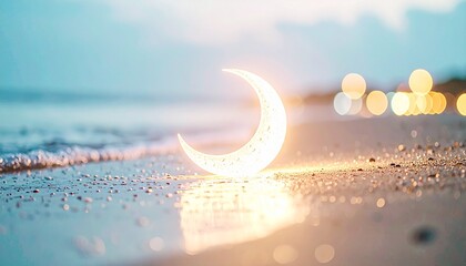 夕焼け・朝焼けのビーチに幻想的に光っている三日月の形のライトが置かれている。丸ボケ
