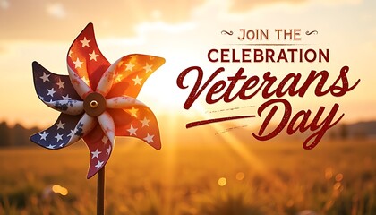 Naklejka premium Veterans day celebration with pinwheel and sunset background in a field