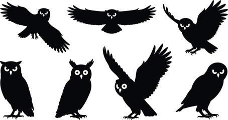 Owl silhouette vector, bird poses set, flying and perched owls, wildlife icon, nocturnal animal illustration, black shapes, nature design reference