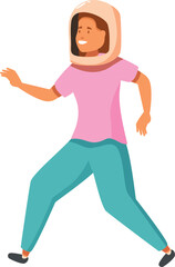 Woman astronaut wearing spacesuit running and exploring new planets, representing future of space exploration