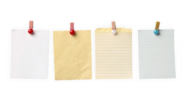 Four blank notes pinned with clothespins isolated on transparent background