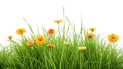 Fototapeta premium Vibrant yellow flowers and green grass isolated on transparent background