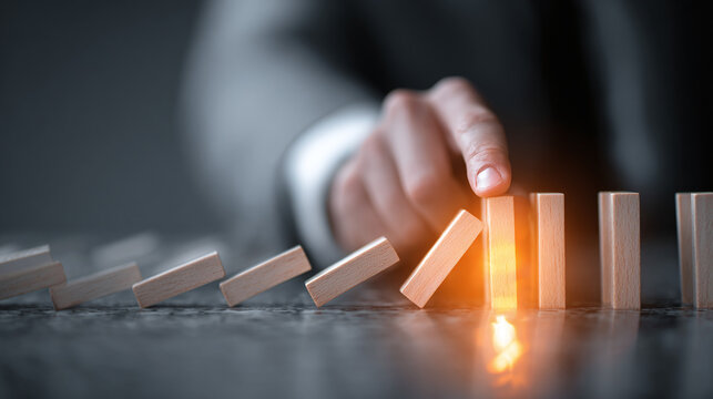 A hand stops the domino effect, symbolizing risk management and intervention. Strategy to prevent cascade of failures and protect stability.
