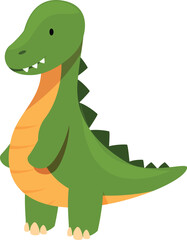 Cute cartoon dinosaur standing and smiling, perfect for children's books, illustrations, and other creative projects