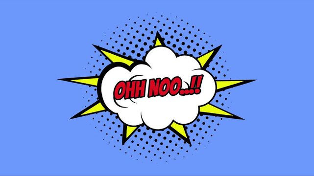Oh no..!! Words in Red Text in Cartoon Comic Bubbles with Bursting Pattern on Bright Blue Background, Smooth Looping Animation