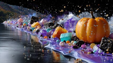 Vibrant autumn-themed display featuring a bright orange pumpkin surrounded by colorful candies and decorative elements on a reflective surface, creating a festive atmosphere. Halloween