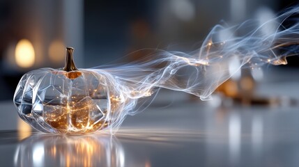 Transparent pumpkin with glowing lights and swirling smoke creates an enchanting atmosphere, showcasing a magical and whimsical design for seasonal decor and celebrations. Halloween