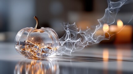 Transparent pumpkin with glowing lights and smoke effect, placed on a reflective surface, creating a magical ambiance for seasonal celebrations and festive decor. Halloween
