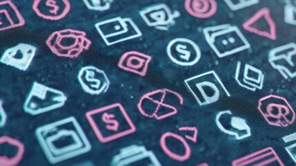 Close-up view of a grid of small, stylized icons. Neon pink and light blue outlines on a dark background. Slightly distressed or pixelated