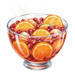 Festive Fruit Punch in Glass Bowl with Oranges Cranberries and Steam