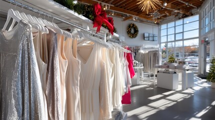 Elegant display of shimmering dresses in a bright boutique, showcasing a variety of colors and styles, with festive decorations and natural light enhancing the shopping experience. Halloween