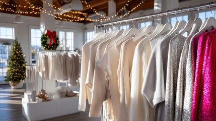 Display of stylish sweaters in a boutique, featuring soft textures and warm colors, with festive decorations and a Christmas tree in the background, creating a cozy shopping atmosphere. Halloween