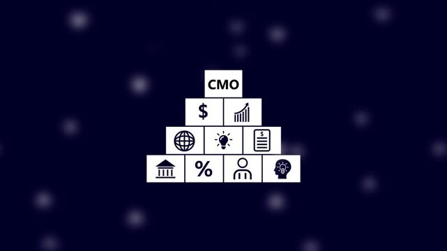 Pyramid Diagram with CMO and Business Icons on Dark Blurred Background Keywords: pyramid, diagram, CMO, Chief Marketing Officer, business, strategy, marketing, icons, finance, growth