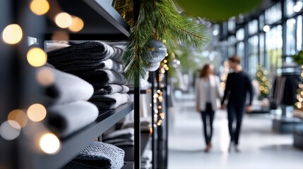 Cozy retail space featuring neatly stacked sweaters on shelves, adorned with festive decorations and soft lighting, creating a warm shopping atmosphere for couples. Halloween