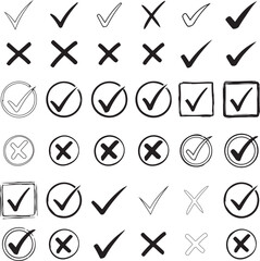 Collection of hand drawn check marks and crosses in various styles and shapes