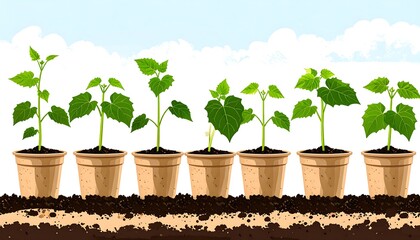 Growing plants in pots, various stages