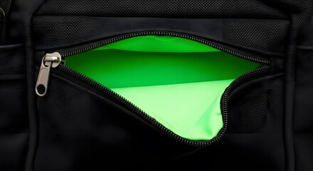 Close up of an open black bag with a bright green interior pocket.