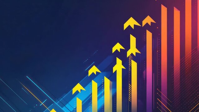 Abstract composition features rising arrows in vibrant colors, set against a dark gradient background