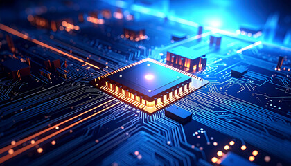 Obraz premium Digital Circuitry: An intricately detailed close-up of a modern circuit board, illuminated with glowing lines and a central processor. conveying technological advancement and electronic innovation.