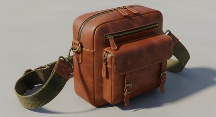 Stylish Brown Leather Messenger Bag with Green Strap.