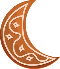 Delicious christmas gingerbread cookie in the shape of a crescent moon with white icing