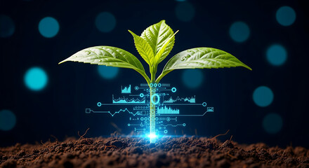 Watch vibrant green sprout grow with digital data interface for modern farming