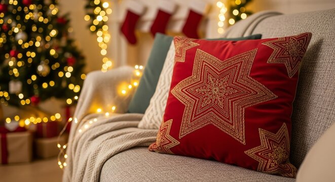 Christmas Decorative Red Pillow with Golden Star on Beige Sofa near Christmas Tree - Powered by Adobe