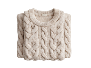 Luxurious folded cable knit sweater, a cozy cream-colored design perfect for fall fashion editorials and winter lifestyle blogs, showcasing warmth and comfort