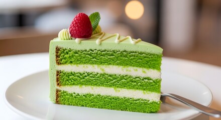 Delicious Green Cake Slice with Raspberry and Mint on White Plate.