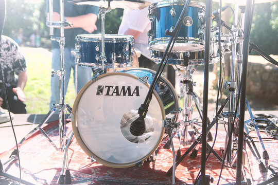 Barcelona, Spain. 11 October 2025:  Tama acoustic drums on a stage ready for a performance
