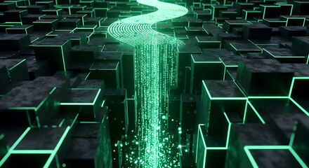 Dynamic network with glowing data stream passing through modern cube landscape