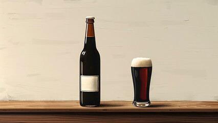 Illustration of a Dark Beer Bottle and Glass. Brewery Product, Pub Scene, Craft Beverage.