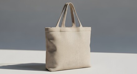 Neutral Canvas Tote Bag on White Surface, Minimalist Design.