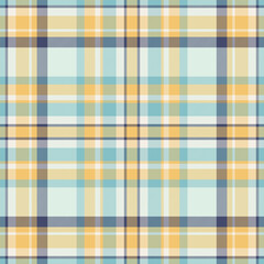 Seamless plaid pattern. Textile design in blue, yellow, and beige tones. Versatile for fashion, backgrounds, or graphic projects needing a classic touch.