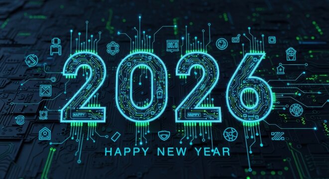 Futuristic glowing neon digital circuit board displaying the year 2026 and happy new year