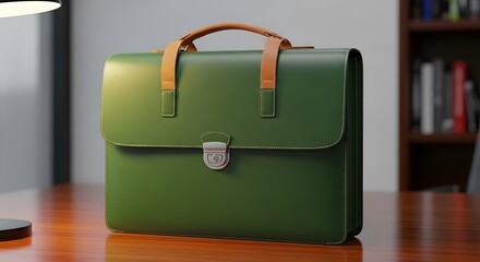 Elegant green leather briefcase with tan handles on a wooden desk.