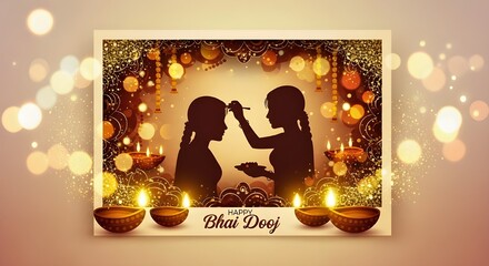 “Bhai Dooj Greeting Card Design – Sister and Brother Silhouette with Golden Diyas and Magic Glow”