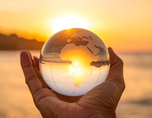 Hand holding a crystal globe of Earth at sunset