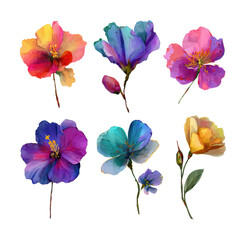 Vibrant floral collection digital nature colorful aesthetic isolated on transparent background