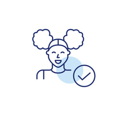 Young woman with checkmark, verified access, secure profile. Pixel perfect, editable stroke vector icon